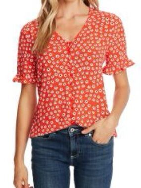 CeCe Red Daisy Floral V-Neck Ruffle Sleeve Blouse